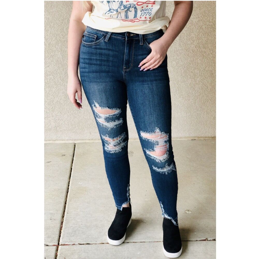 JUDY BLUE‎ Jeans Size 5/27 Blue Piper Skinny Fit Distressed Denim Raw Hem Ankle